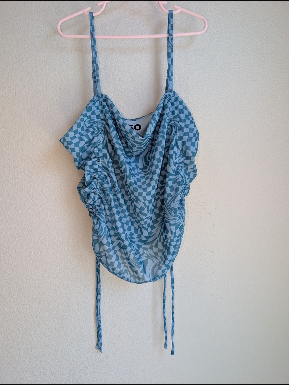 SO Blue Checkered Cowl Ruched Camisole with Adjustable Straps Size L